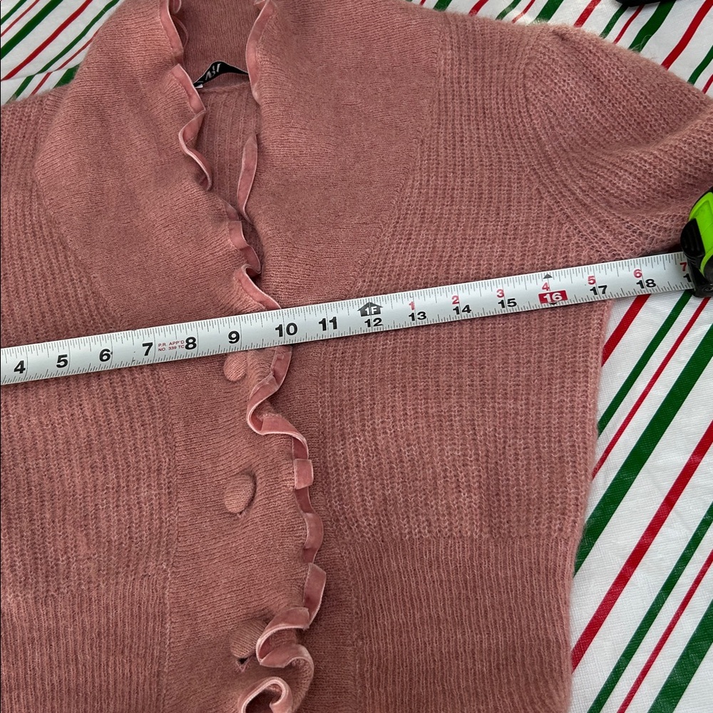 ZARA Pink Ruffle Trim Knit Cardigan Sweater Button Front Size Small - Picture 8 of 11